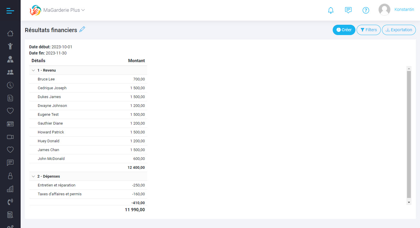 A new financial performance report has been integrated into the MaGarderie Plus application!