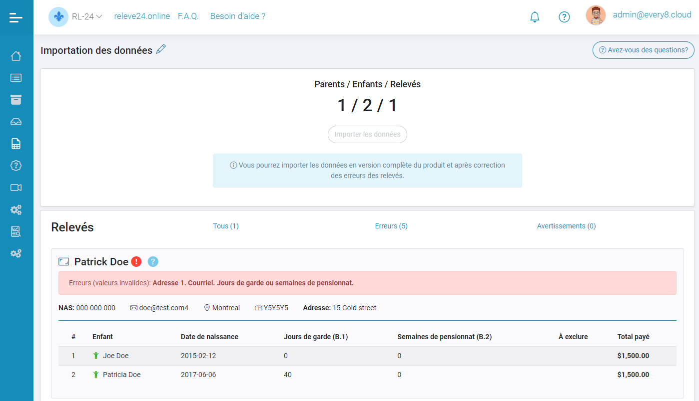 The Data Import page in the Relevé 24 EN LIGNE App has been revised.